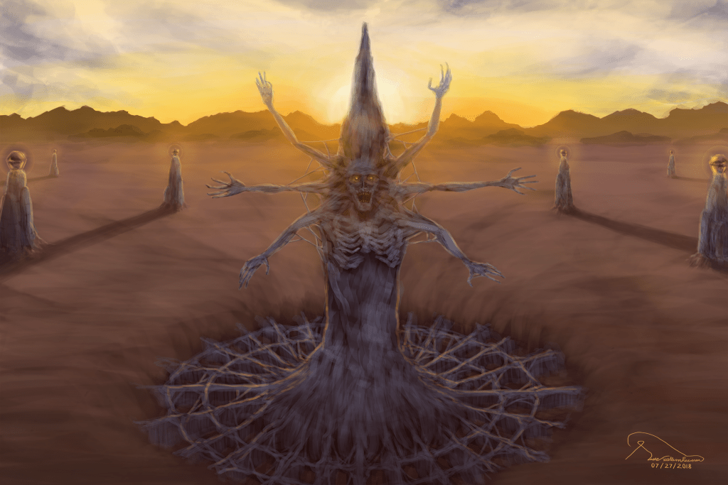 Digital painting of a six-armed figure, surrounded by pillars in the desert.